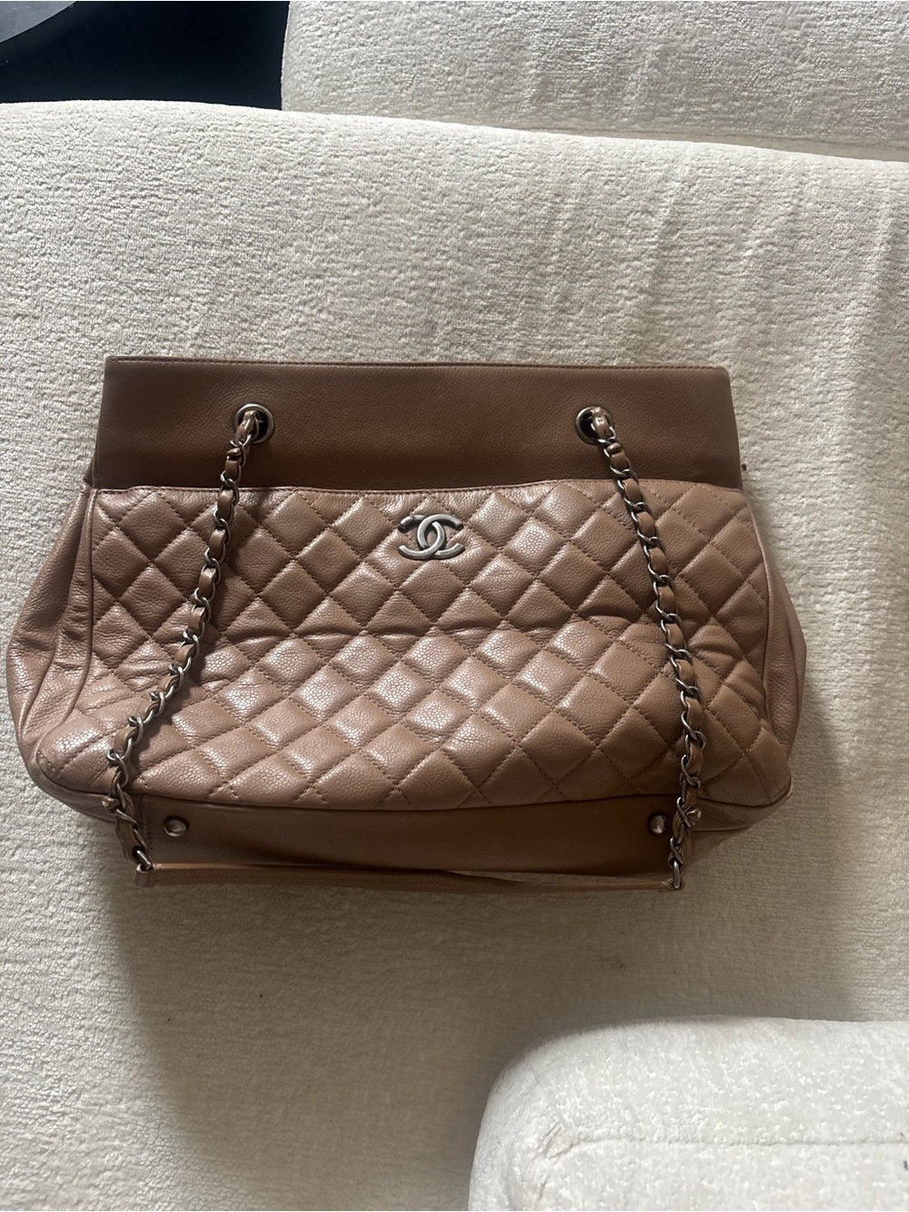 CHANEL Quilted Shoulder Tote in Taupe Brown